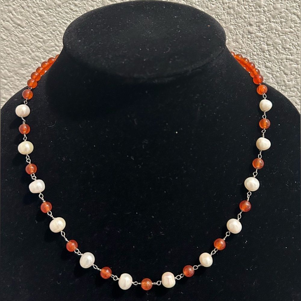 Elegant Red Agate Freshwater Pearl 925 Silver Necklace Size 20.00